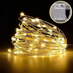 Гірлянда Роса 20м, дріт на батарейках USB: 200 LED, Теплий білий