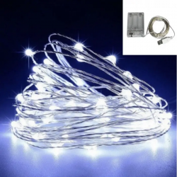 Гірлянда Роса 20м, дріт на батарейках USB: 200 LED, Холодний білий